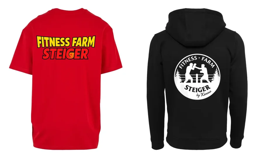 Special-Designs der Fitness Farm Steiger auf T-Shirts und Hoodies