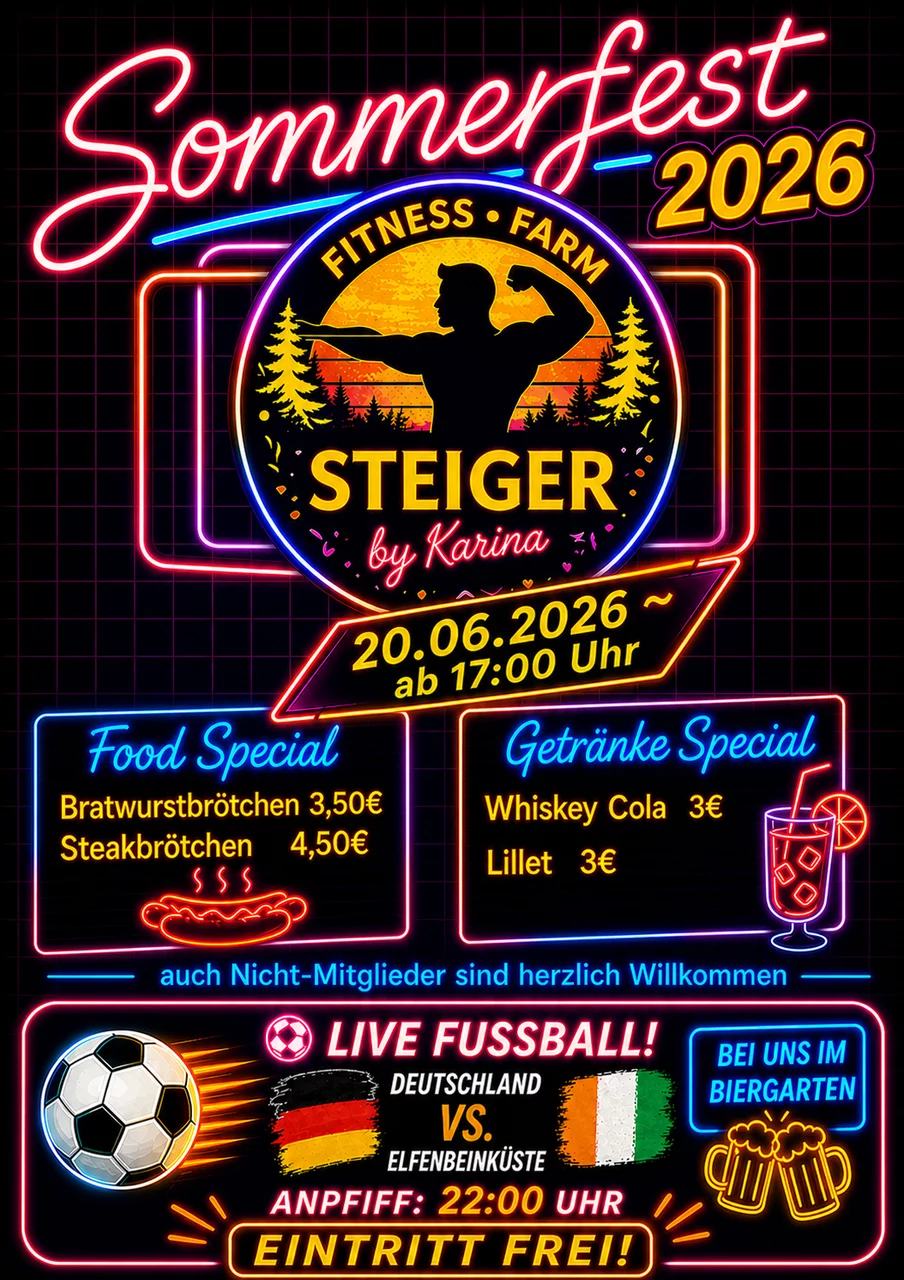 Plakat Sommerfest 2026 der Fitness Farm Steiger